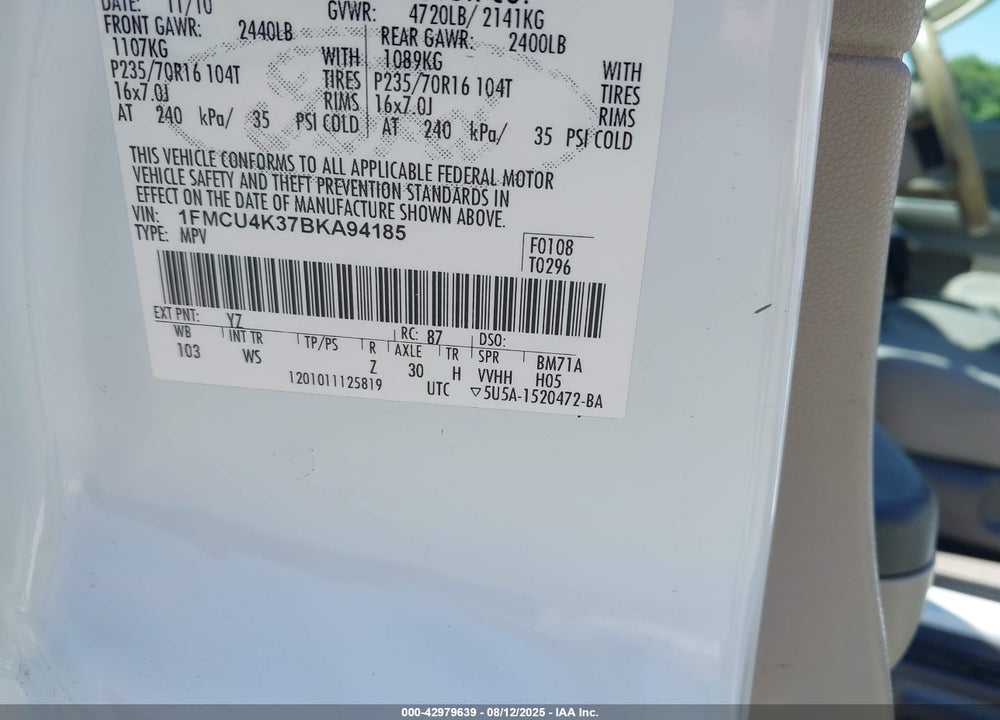 2011 FORD ESCAPE HYBRID VIN: 1FMCU4K37BKA94185