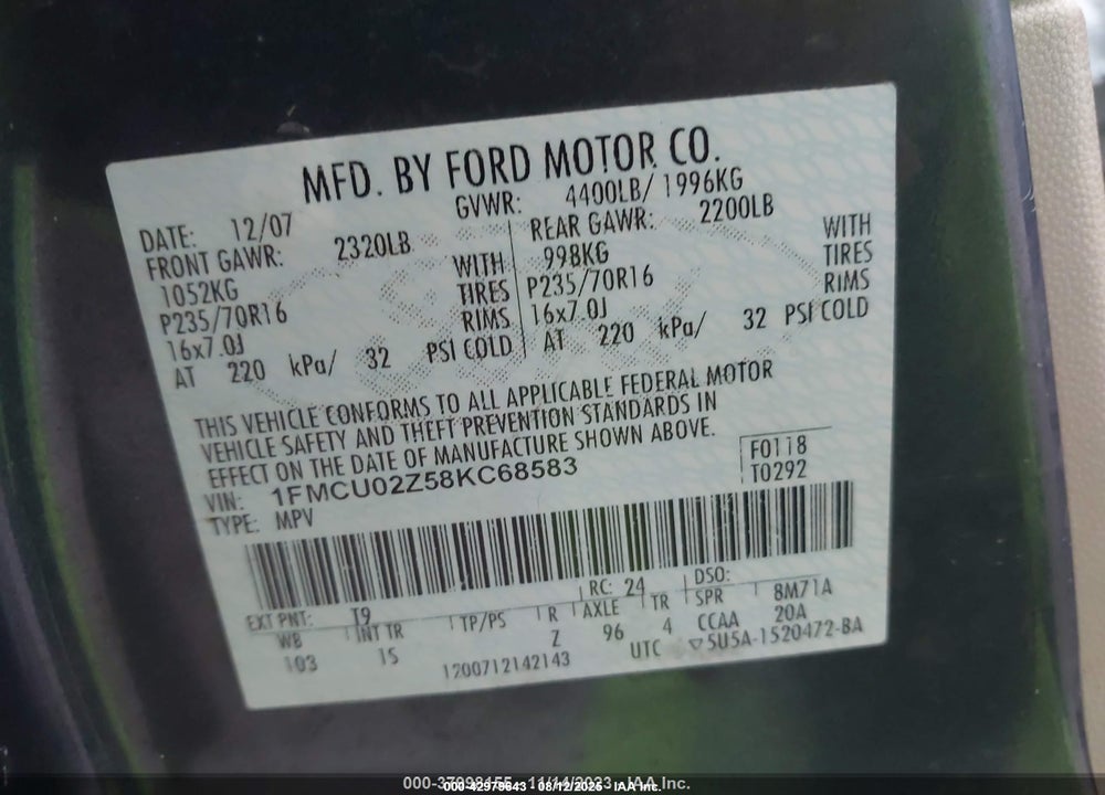 2008 FORD ESCAPE VIN: 1FMCU02Z58KC68583