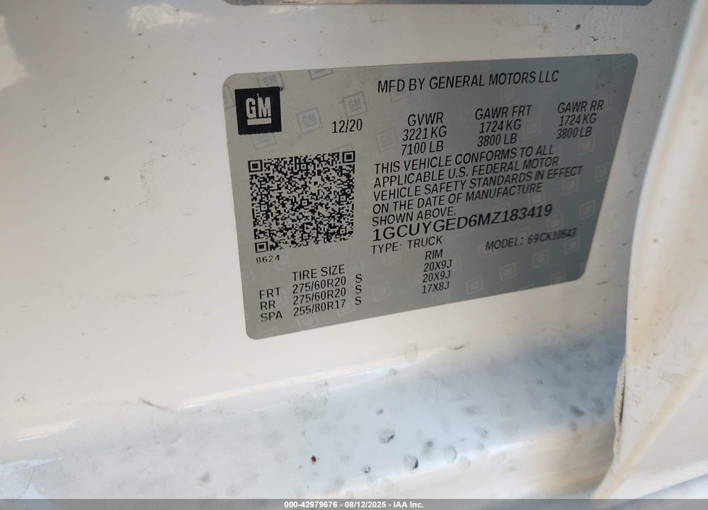 2021 CHEVROLET SILVERADO 1500 VIN: 1GCUYGED6MZ183419