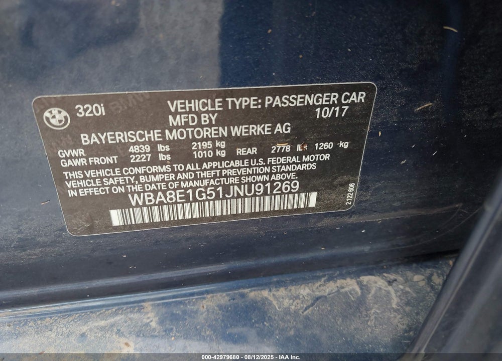 2018 BMW 3 SERIES VIN: WBA8E1G51JNU91269