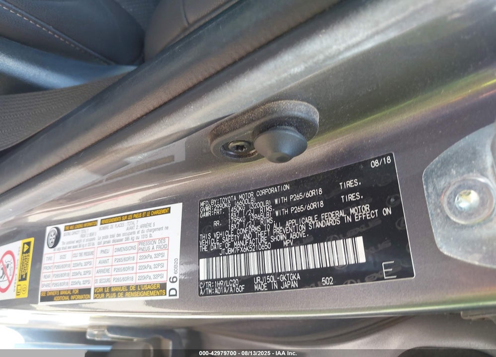 2019 LEXUS GX 460 VIN: JTJBM7FX6K5210650