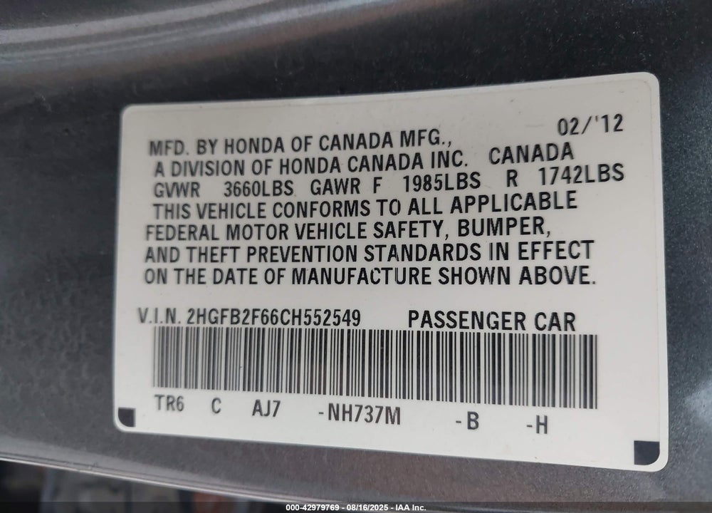 2012 HONDA CIVIC VIN: 2HGFB2F66CH552549