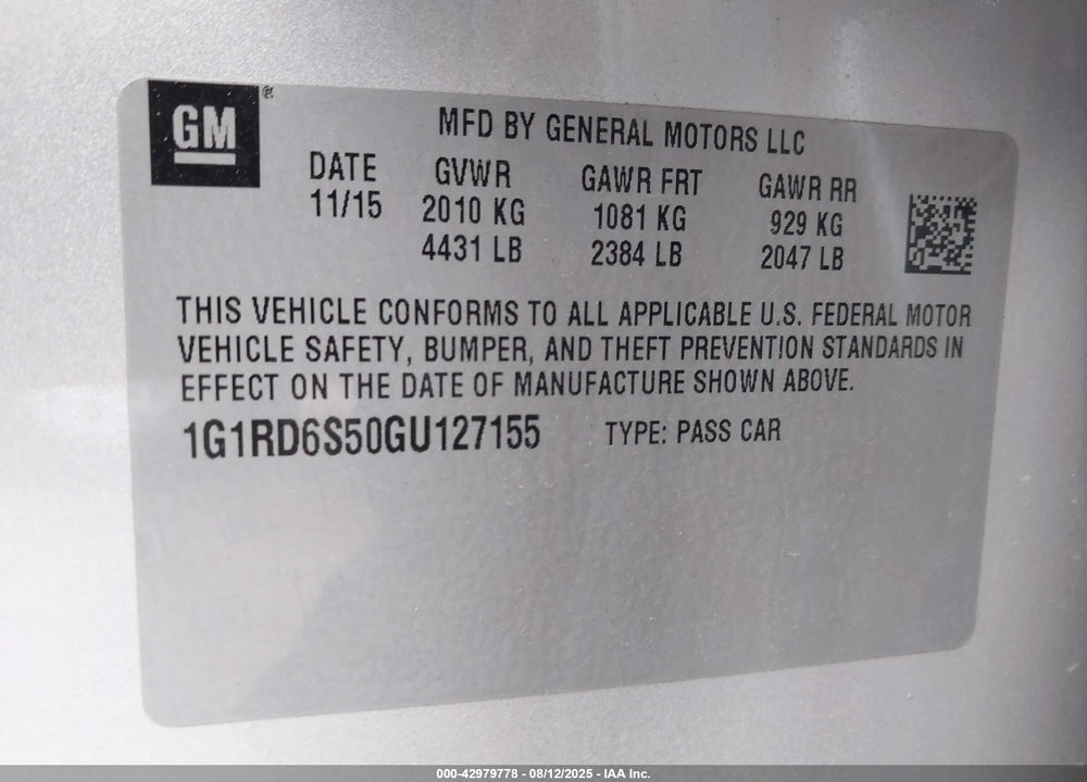 2016 CHEVROLET VOLT VIN: 1G1RD6S50GU127155