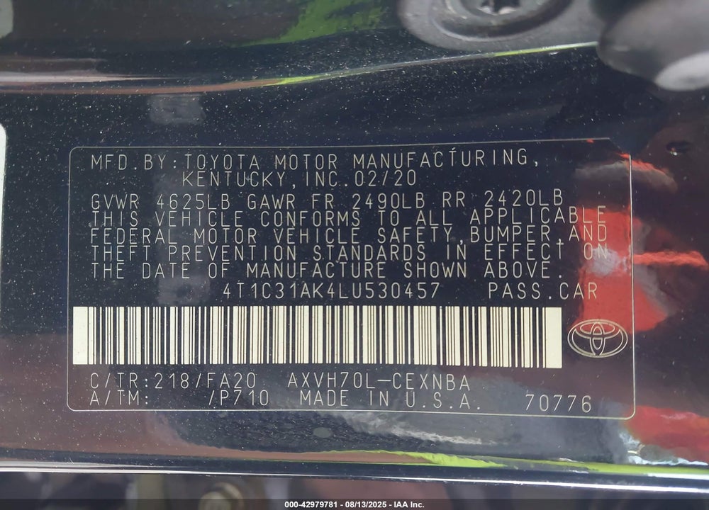 2020 TOYOTA CAMRY VIN: 4T1C31AK4LU530457