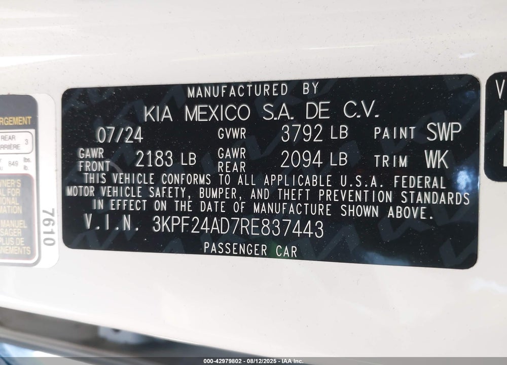 2024 KIA FORTE VIN: 3KPF24AD7RE837443