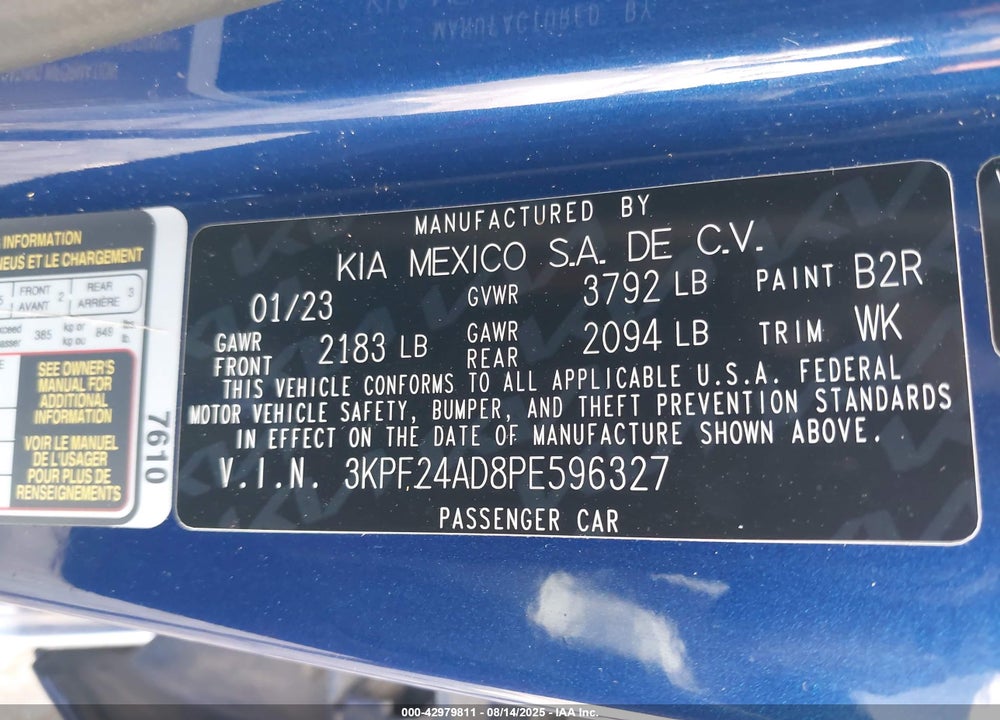 2023 KIA FORTE VIN: 3KPF24AD8PE596327