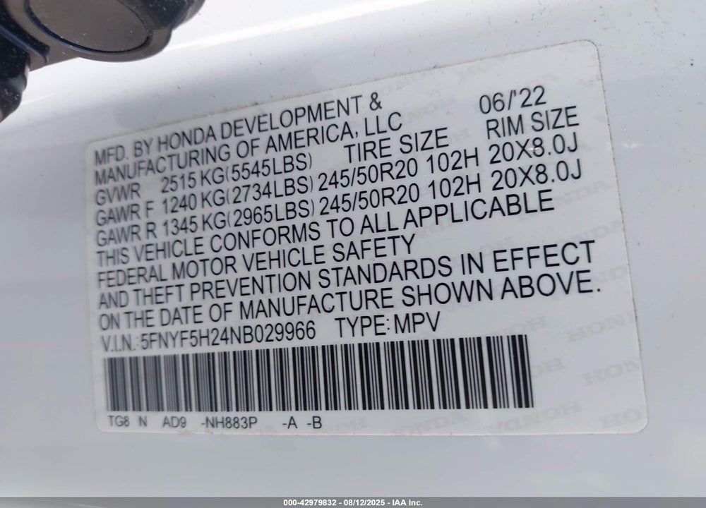 2022 HONDA PILOT VIN: 5FNYF5H24NB029966