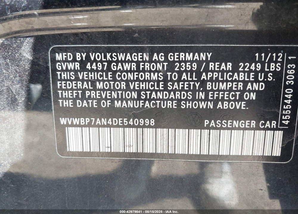 2013 VOLKSWAGEN CC 2.0T SPORT VIN: WVWBP7AN4DE540998