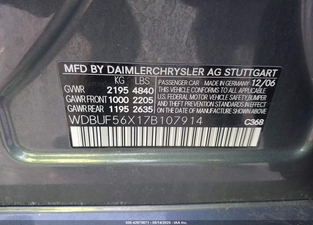 2007 MERCEDES-BENZ E 350 VIN: WDBUF56X17B107914