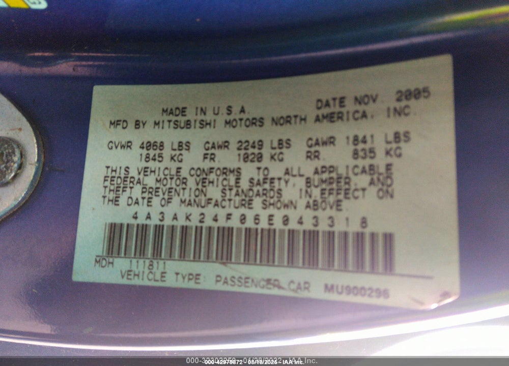 2006 MITSUBISHI ECLIPSE GS VIN: 4A3AK24F06E043318