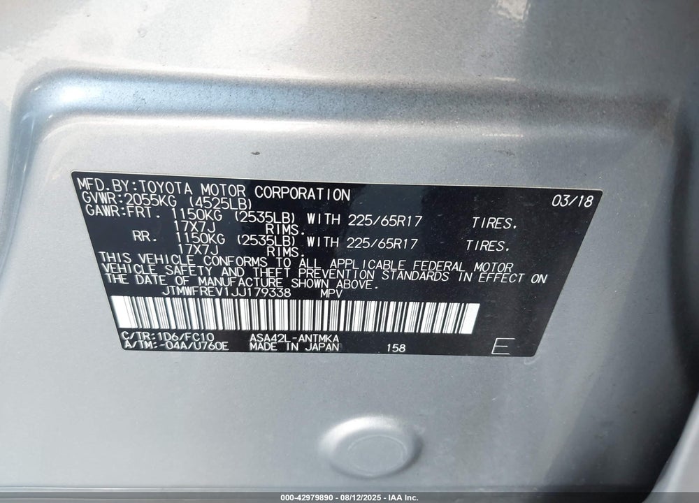 2018 TOYOTA RAV4 VIN: JTMWFREV1JJ179338