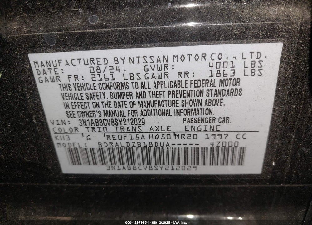 2025 NISSAN SENTRA VIN: 3N1AB8CV8SY212029