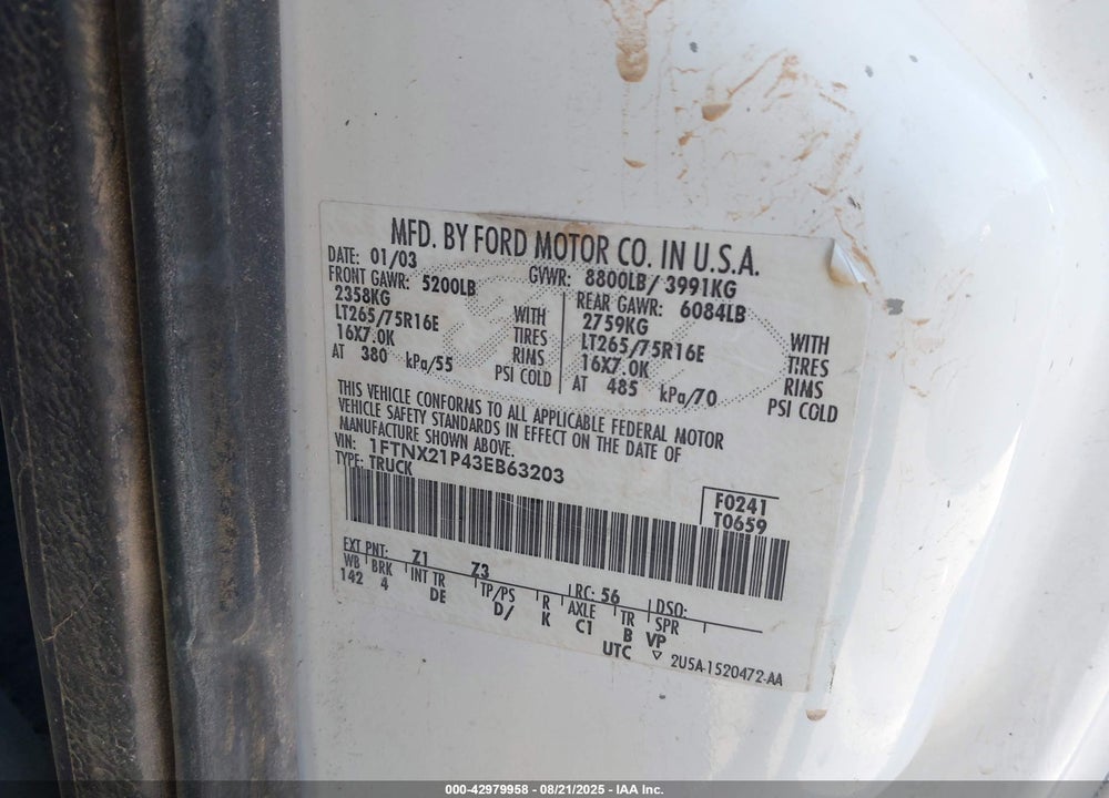 2003 FORD F-250 LARIAT/XL/XLT VIN: 1FTNX21P43EB63203
