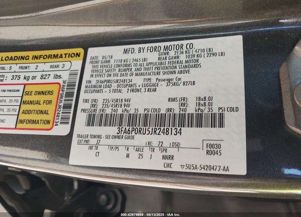2018 FORD FUSION HYBRID TITANIUM VIN: 3FA6P0RU5JR248134