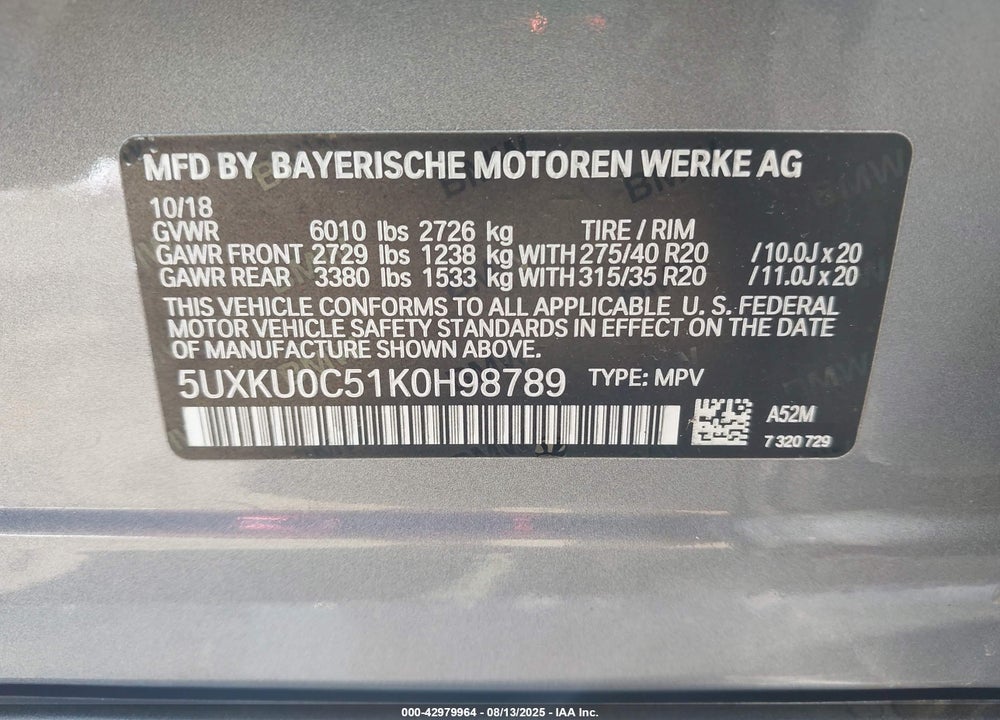 2019 BMW X6 VIN: 5UXKU0C51K0H98789