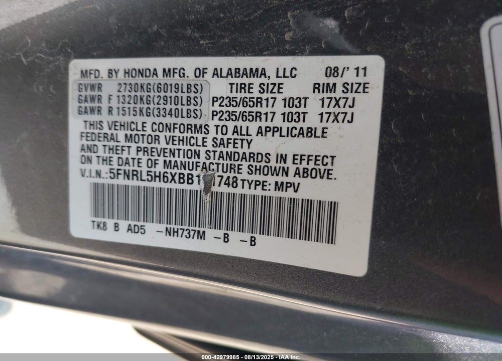 2011 HONDA ODYSSEY EX-L VIN: 5FNRL5H6XBB101748