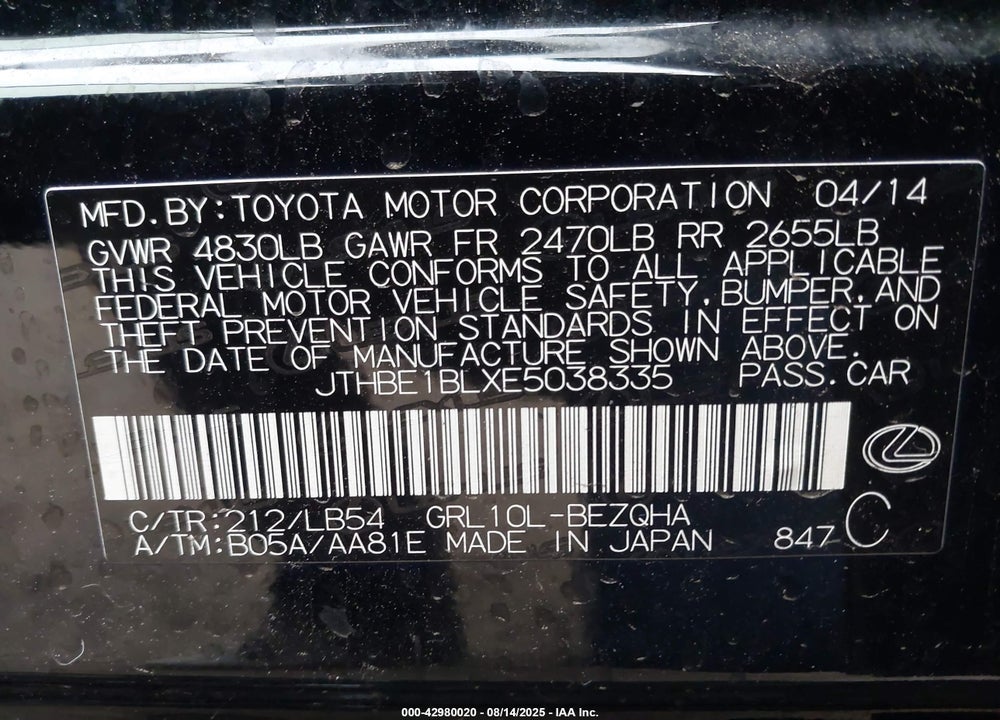 2014 LEXUS GS 350 VIN: JTHBE1BLXE5038335