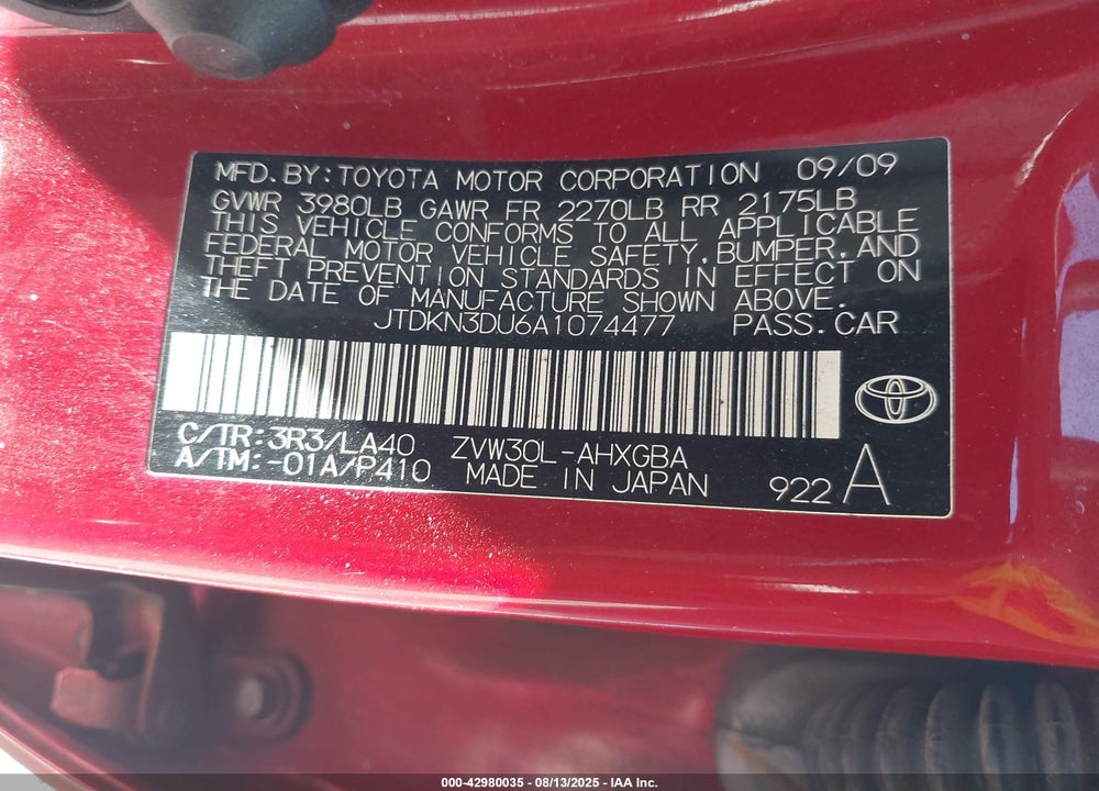 2010 TOYOTA PRIUS VIN: JTDKN3DU6A1074477