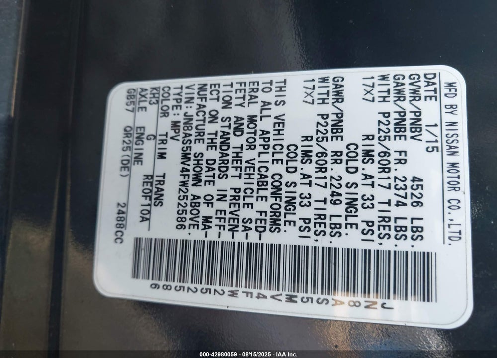 2015 NISSAN ROGUE VIN: JN8AS5MV4FW252586