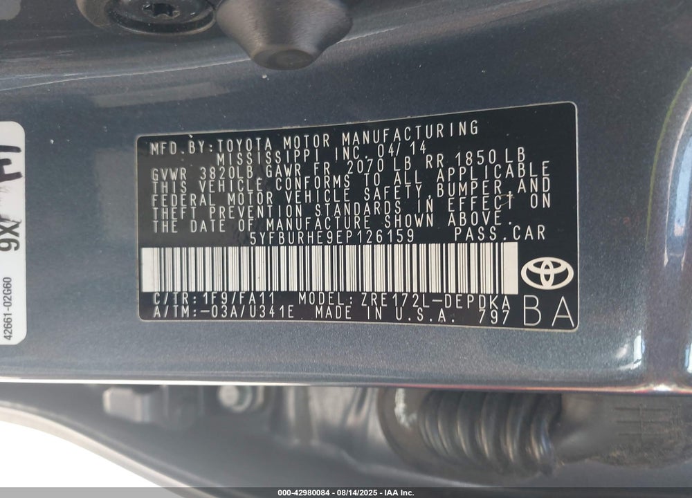 2014 TOYOTA COROLLA VIN: 5YFBURHE9EP126159