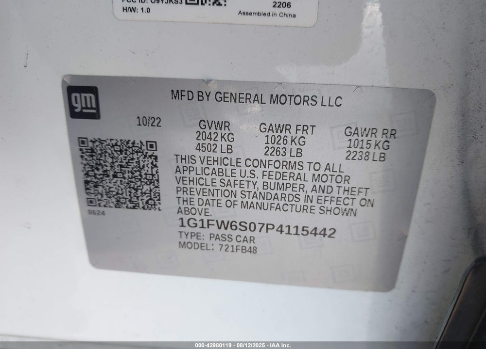 2023 CHEVROLET BOLT EV VIN: 1G1FW6S07P4115442