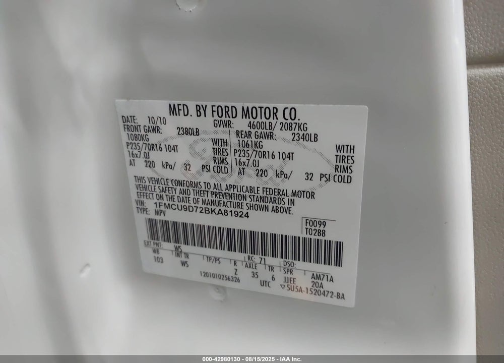 2011 FORD ESCAPE VIN: 1FMCU9D72BKA81924