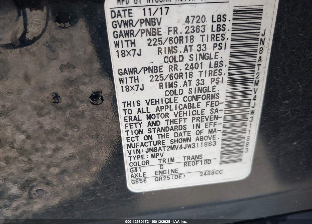 2018 NISSAN ROGUE VIN: JN8AT2MV4JW311883