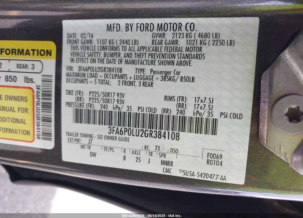 2016 FORD FUSION VIN: 3FA6P0LU2GR384108