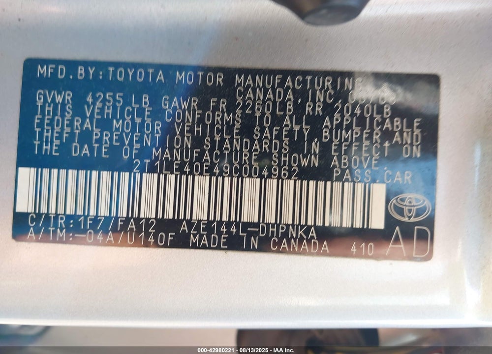 2009 TOYOTA MATRIX VIN: 2T1LE40E49C004962