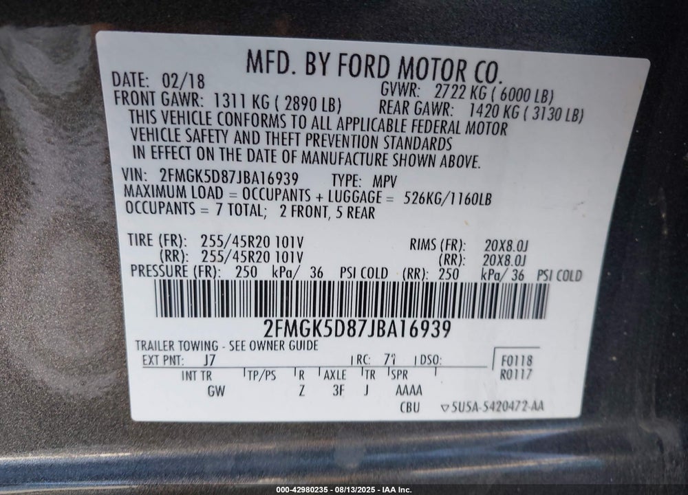 2018 FORD FLEX VIN: 2FMGK5D87JBA16939