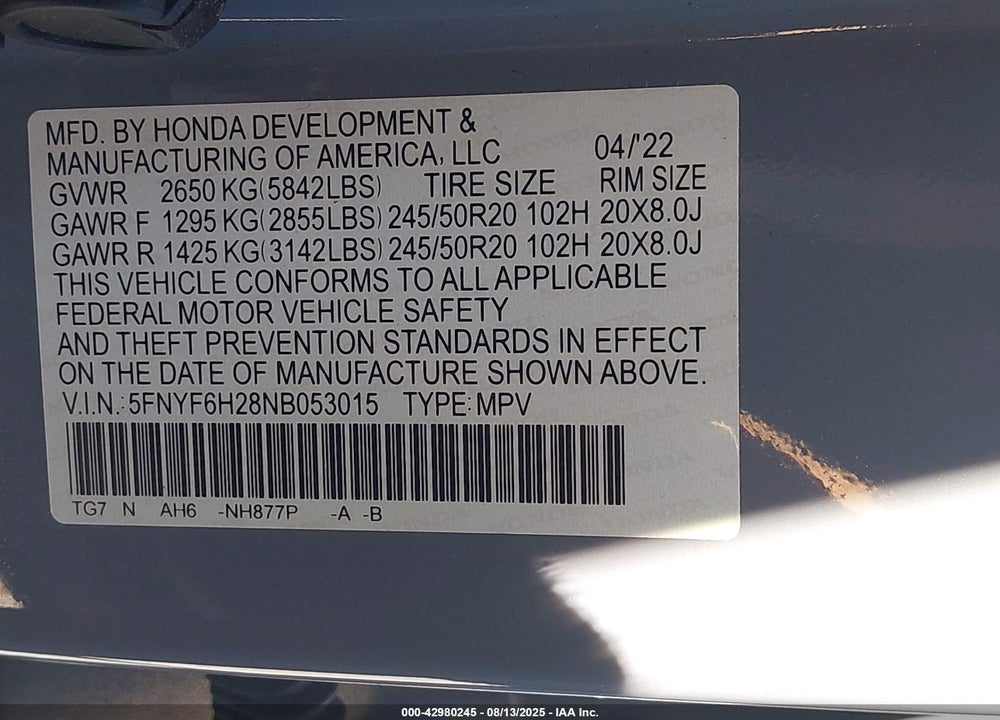 2022 HONDA PILOT VIN: 5FNYF6H28NB053015