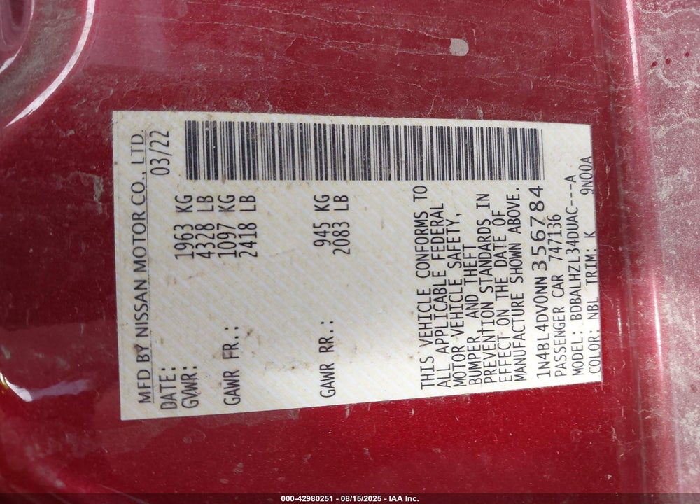 2022 NISSAN ALTIMA VIN: 1N4BL4DV0NN356784