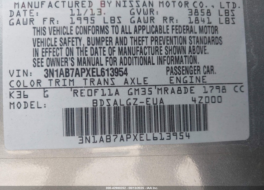 2014 NISSAN SENTRA SL VIN: 3N1AB7APXEL613954