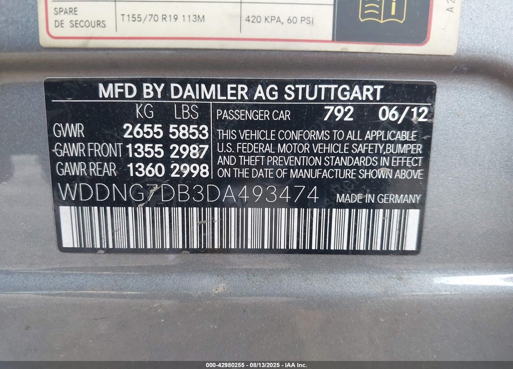 2013 MERCEDES-BENZ S CLASS VIN: WDDNG7DB3DA493474