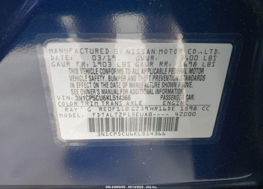 2019 NISSAN KICKS SR VIN: 3N1CP5CU6KL514366