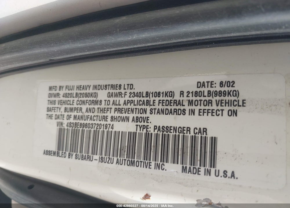 2003 SUBARU OUTBACK H6-3.0/H6-3.0 VDC VIN: 4S3BE896037201974