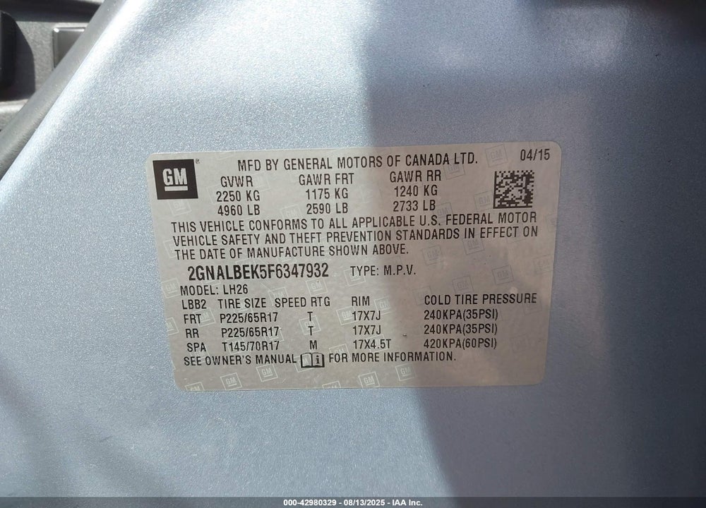 2015 CHEVROLET EQUINOX 1LT VIN: 2GNALBEK5F6347932