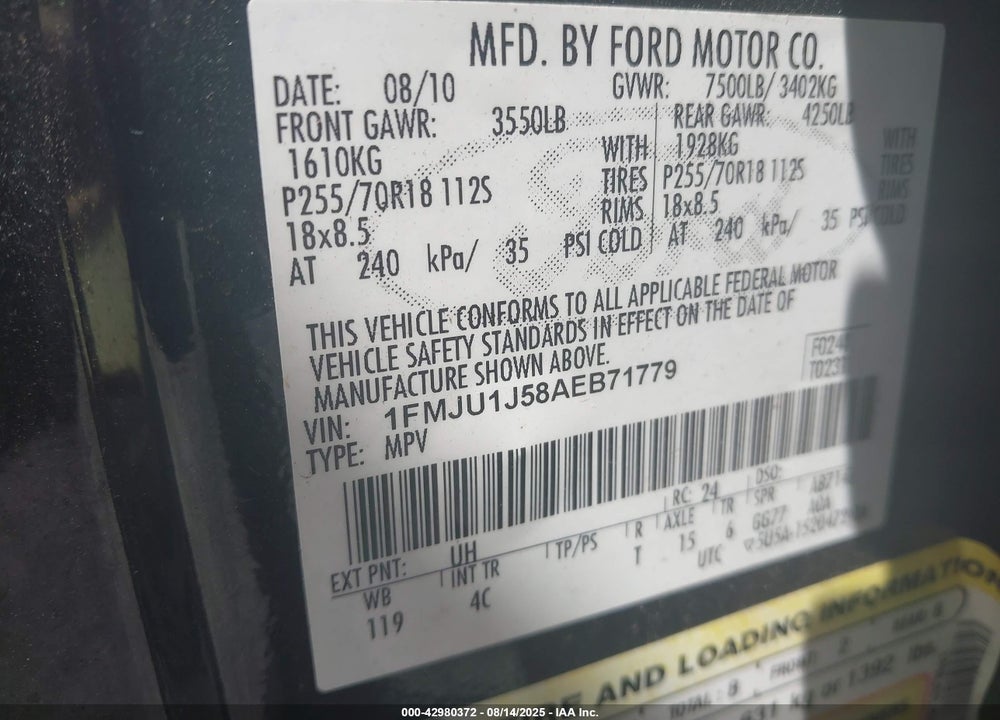 2010 FORD EXPEDITION VIN: 1FMJU1J58AEB71779
