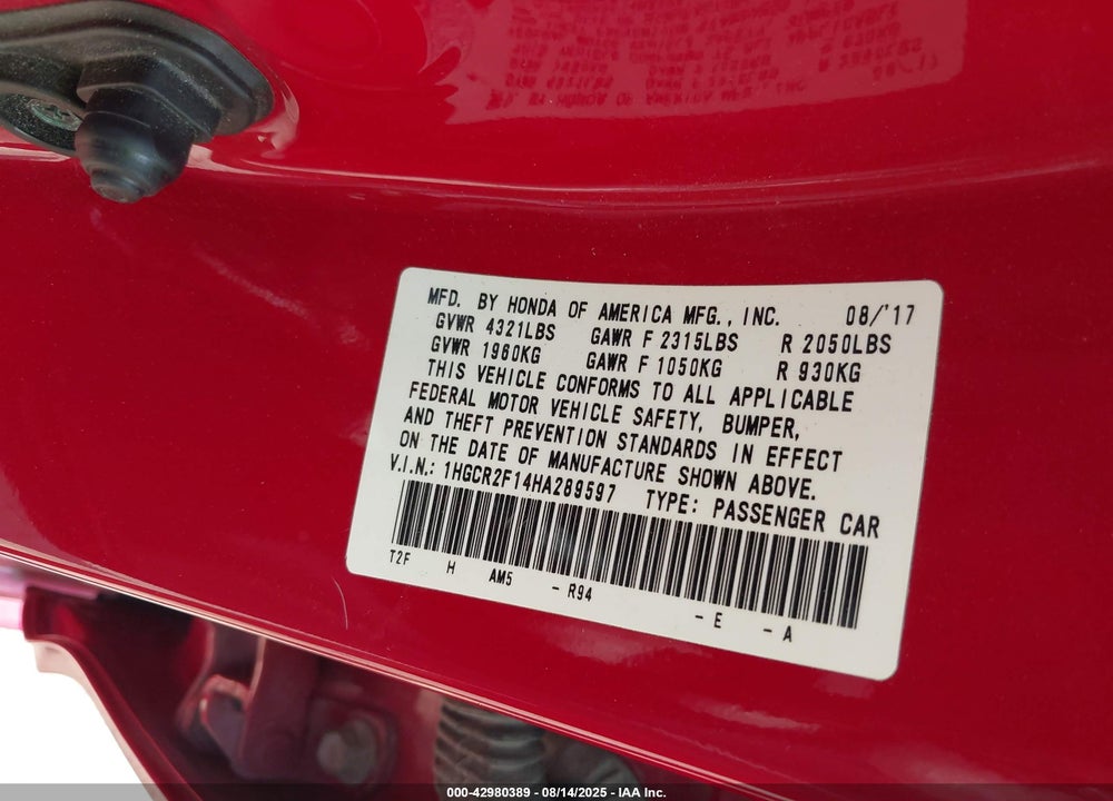 2017 HONDA ACCORD VIN: 1HGCR2F14HA289597