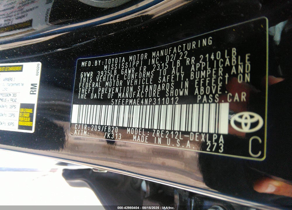 2022 TOYOTA COROLLA LE VIN: 5YFEPMAE4NP311012
