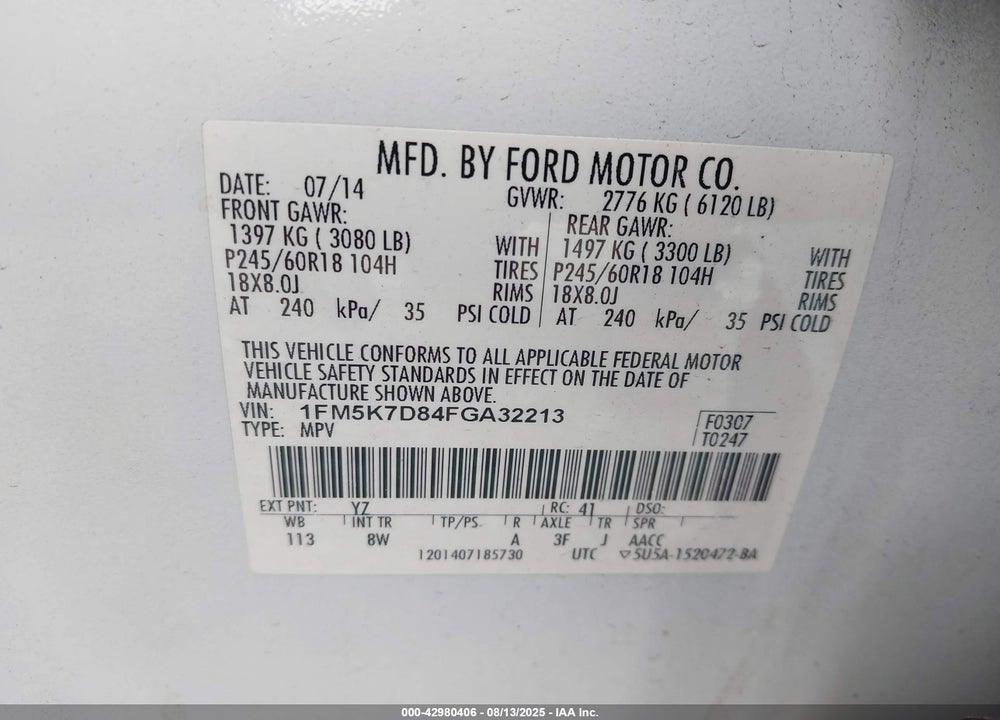 2015 FORD EXPLORER VIN: 1FM5K7D84FGA32213