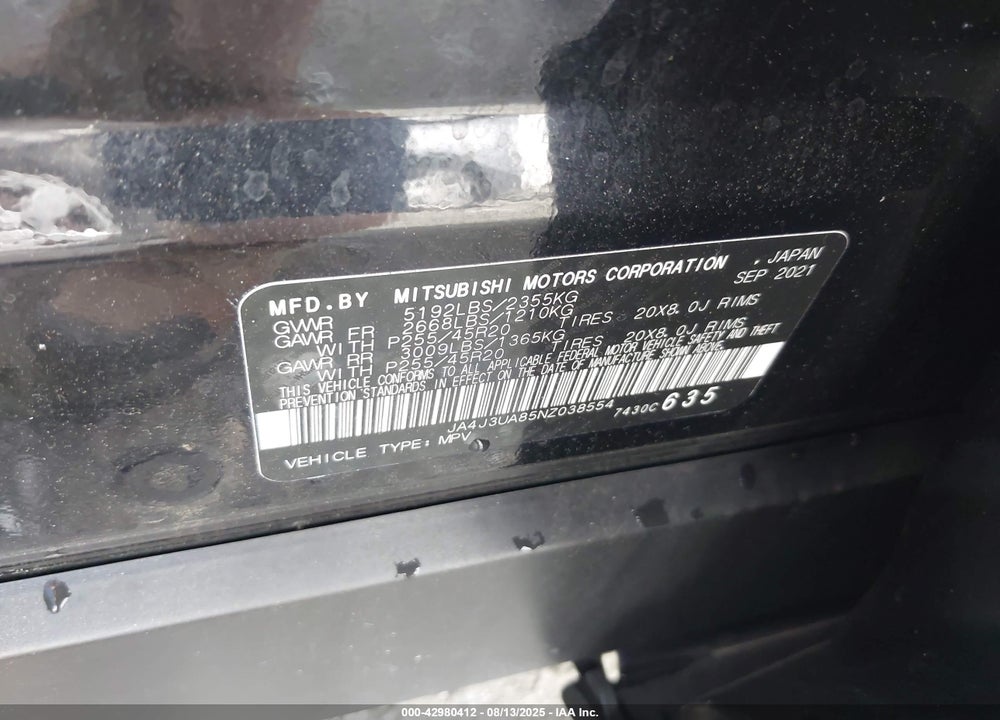 2022 MITSUBISHI OUTLANDER VIN: JA4J3UA85NZ038554