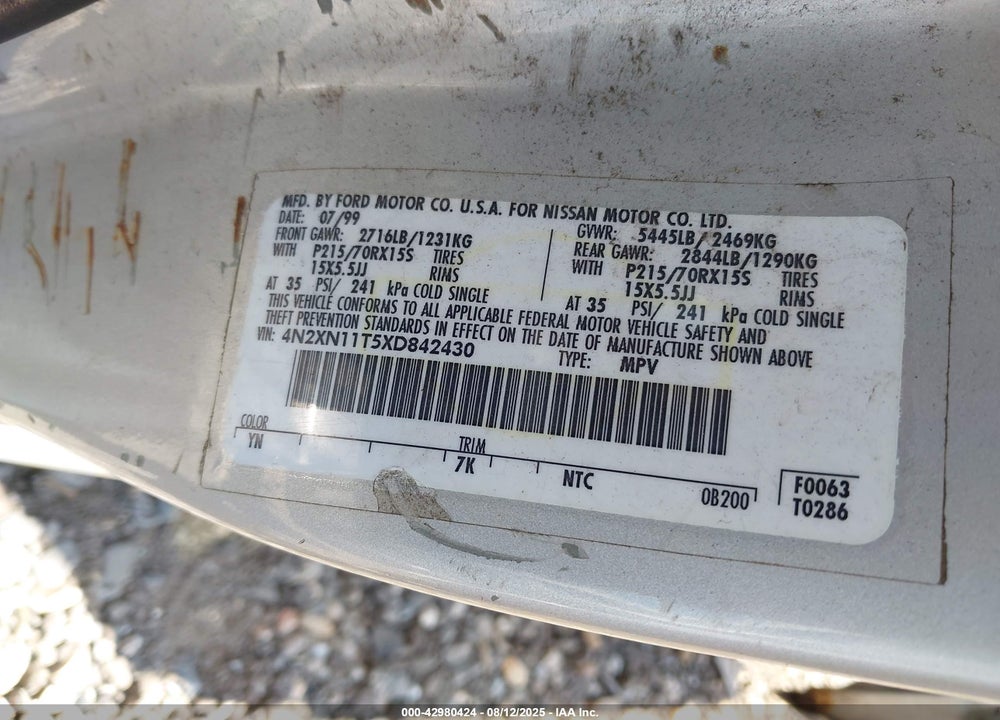 1999 NISSAN QUEST GLE/GXE/SE VIN: 4N2XN11T5XD842430