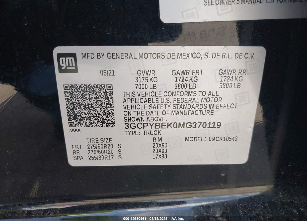 2021 CHEVROLET SILVERADO 1500 4WD SHORT BED CUSTOM VIN: 3GCPYBEK0MG370119
