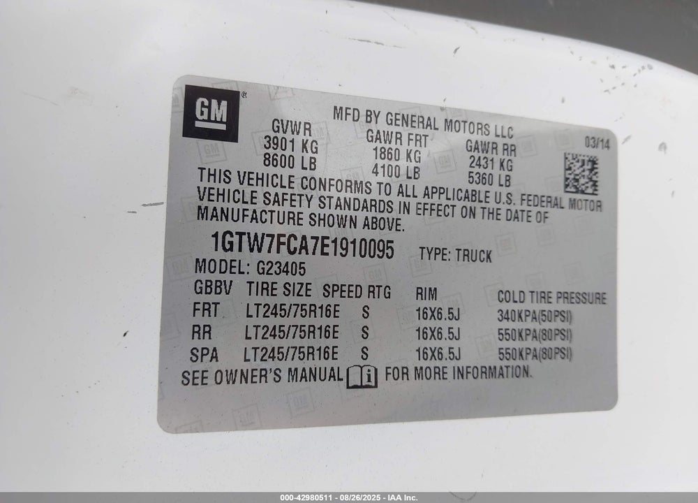 2014 GMC SAVANA 2500 VIN: 1GTW7FCA7E1910095