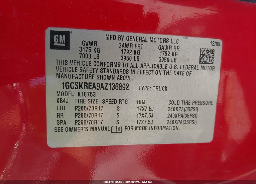 2010 CHEVROLET SILVERADO 1500 VIN: 1GCSKREA9AZ136892