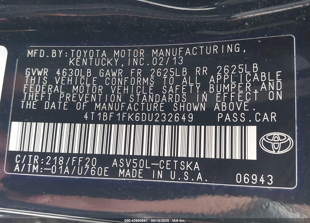 2013 TOYOTA CAMRY VIN: 4T1BF1FK6DU232649