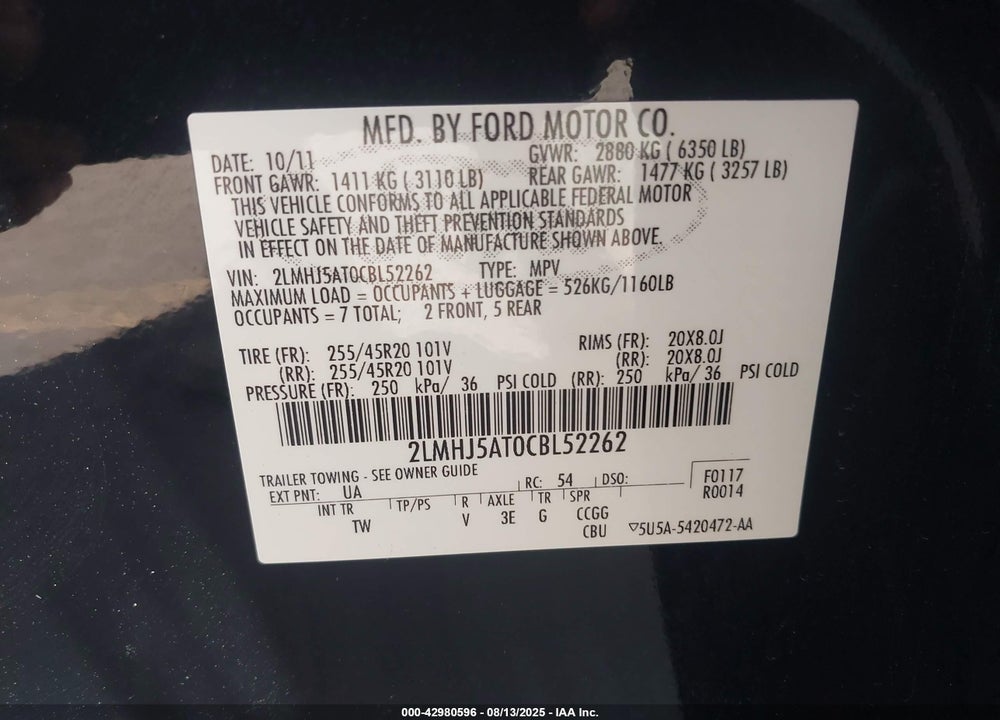 2012 LINCOLN MKT ECOBOOST VIN: 2LMHJ5AT0CBL52262