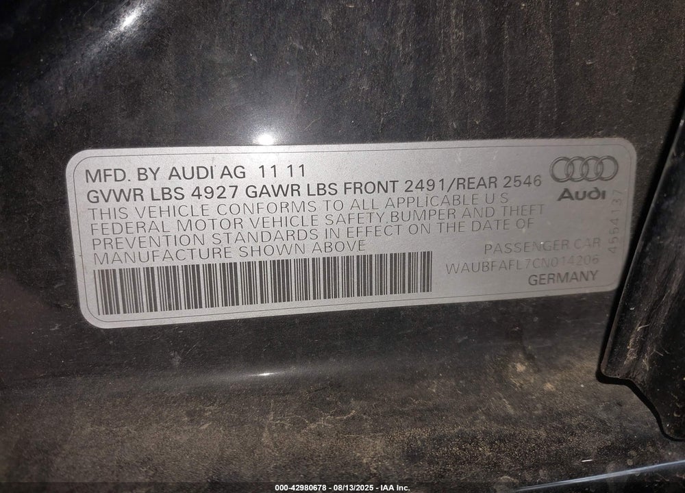 2012 AUDI A4 VIN: WAUBFAFL7CN014206