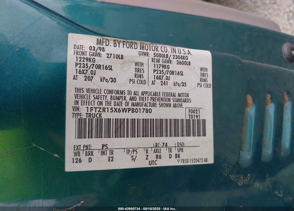 1998 FORD RANGER SPLASH/XL/XLT VIN: 1FTZR15X6WPB01780